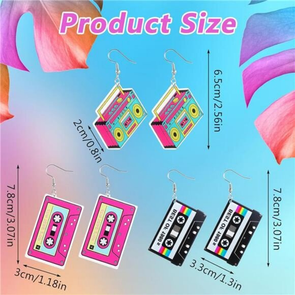 Vintage Cassette Tape Earrings 80s 90s Retro Drop Dangle Earrings Music Party - Picture 5 of 8